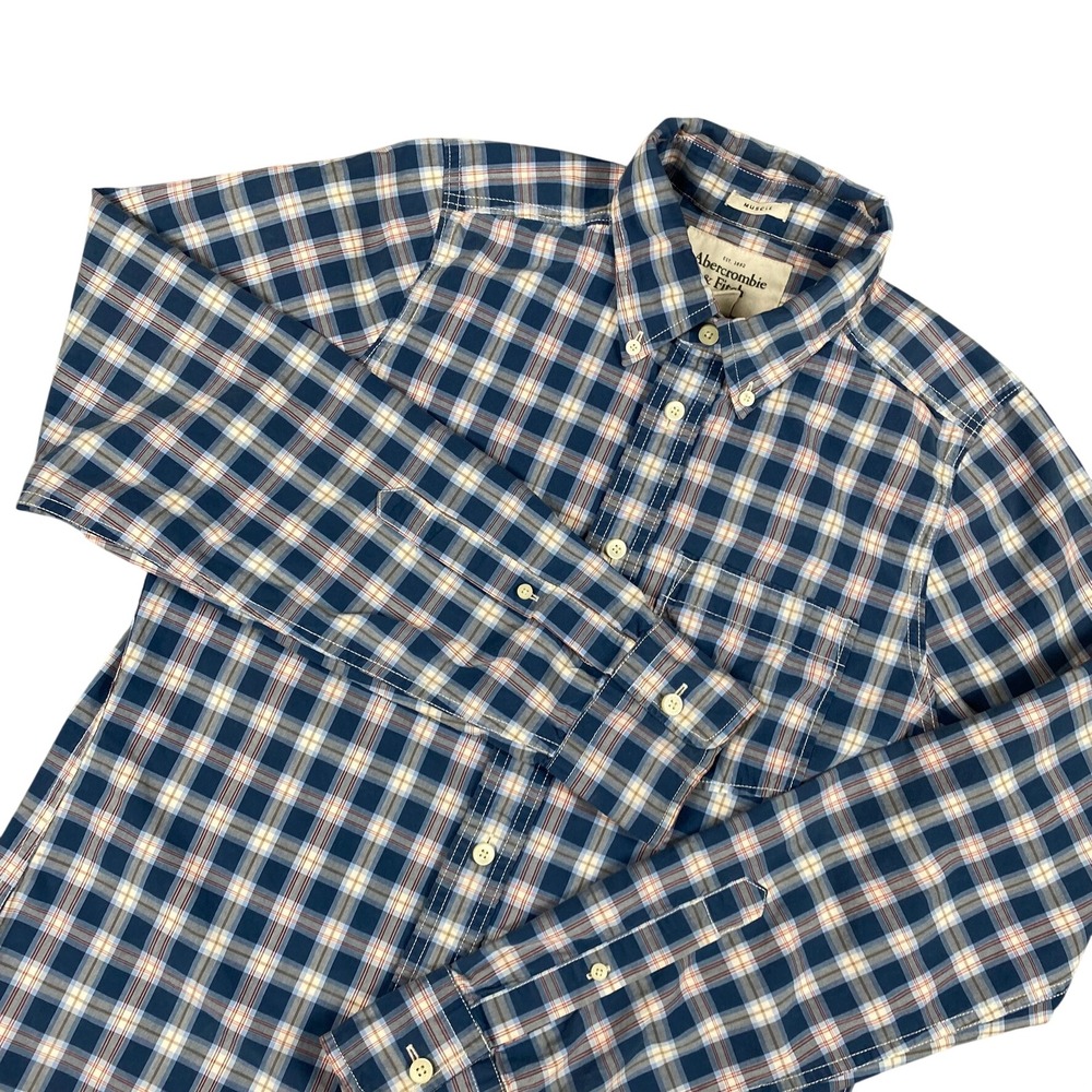 Abercrombie & Fitch Mens Button Down Shirt M Blue Plaid Muscle Fit Long Sleeve